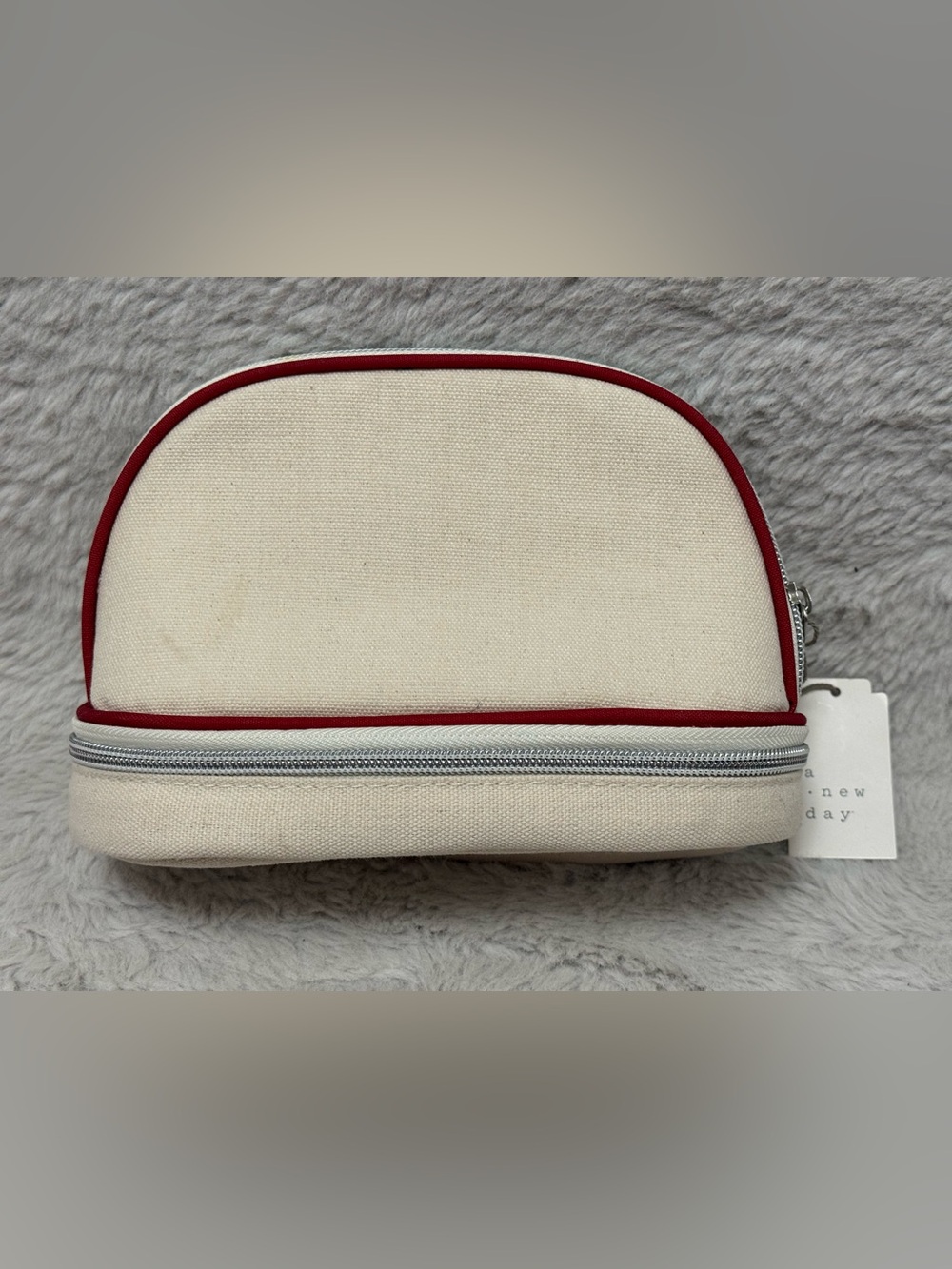 a new day Cream Cosmetic Pouch with Red Trim